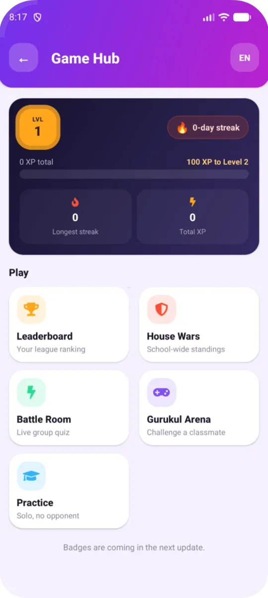 Smart Gurukul Game Hub with level, XP, streak, Leaderboard, House Wars, Battle Room and Arena