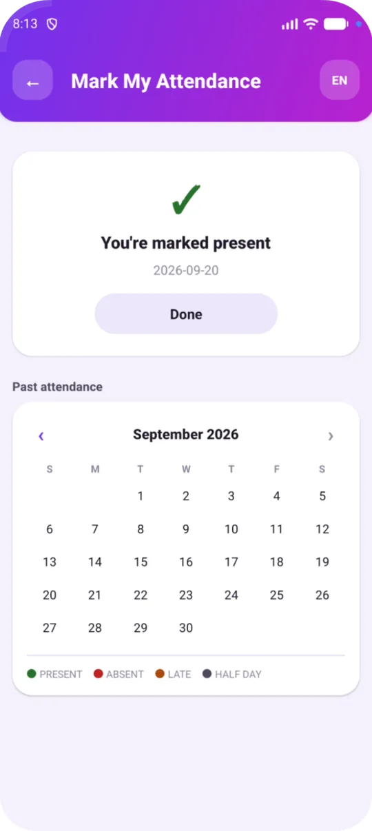 Smart Gurukul Mark My Attendance screen showing 'You're marked present' and a monthly calendar